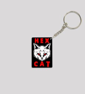 Mystical Red Eyed Cat in Dark Design Printed Keychain Pack of 2