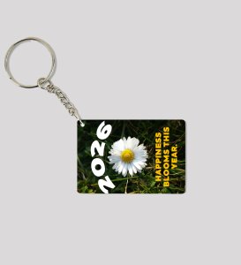 Charming White Daisy Flower Design Symbolizing the Happiness That Blooms Throughout 2026 Printed Keychain Pack of 2.